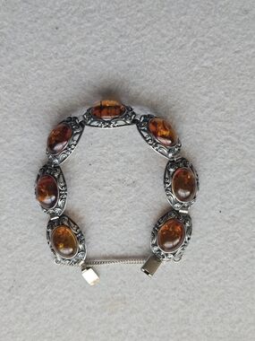 Vintage Estate Sterling-Silver Amber Cabochon Bracelet   Chain Safety Clasp 7"